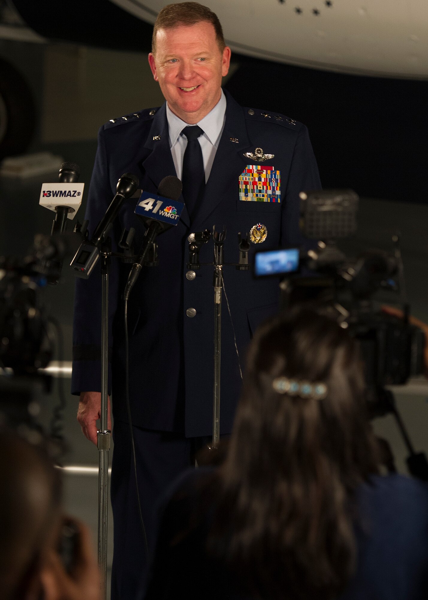 Newly appointed Commander of Air Force Reserve Command, Lt. Gen. Richard W. Scobee is interviewed by local news affiliates after his assumption-of-command ceremony at the Museum of Aviation, Warner Robins, Georgia, Sept. 27, 2018. (U.S. Air Force photo by Master Sgt. Stephen D. Schester)