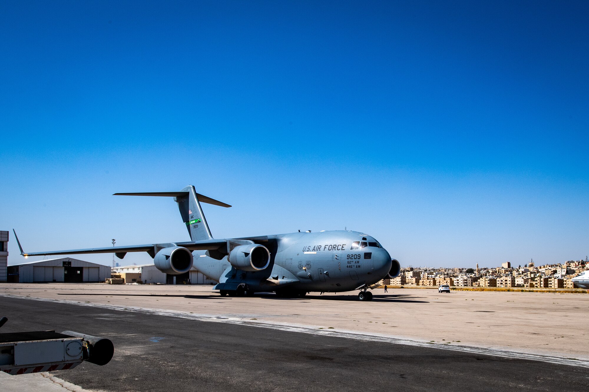 A U.S. Air Force C-17 Globemaster III taxis into position after landing in Jordan, Oct. 14, 2019. The port provides aerial logistics for the American Embassy to Jordan through the Military Assistance Program, handling cargo and passenger movement in support of State Department efforts.