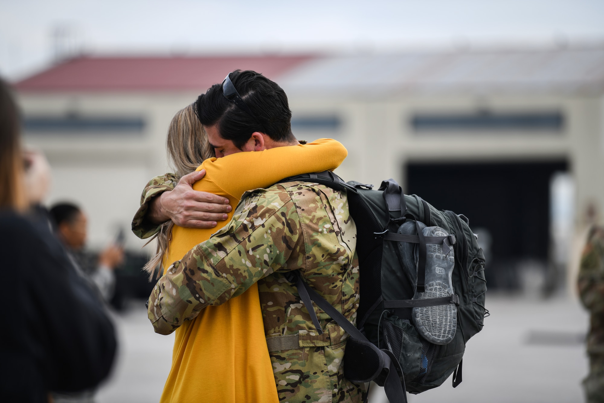 A U.S. Airman reunites with his family at Aviano Air Base, Italy, Oct. 8, 2019.The HH-60G is also tasked to perform military operations other than war, including civil search and rescue, medical evacuation, disaster response, humanitarian assistance, security cooperation/aviation advisory, NASA space flight support, and rescue command and control. (U.S. Air Force photo by Airman 1st Class Ericka A. Woolever