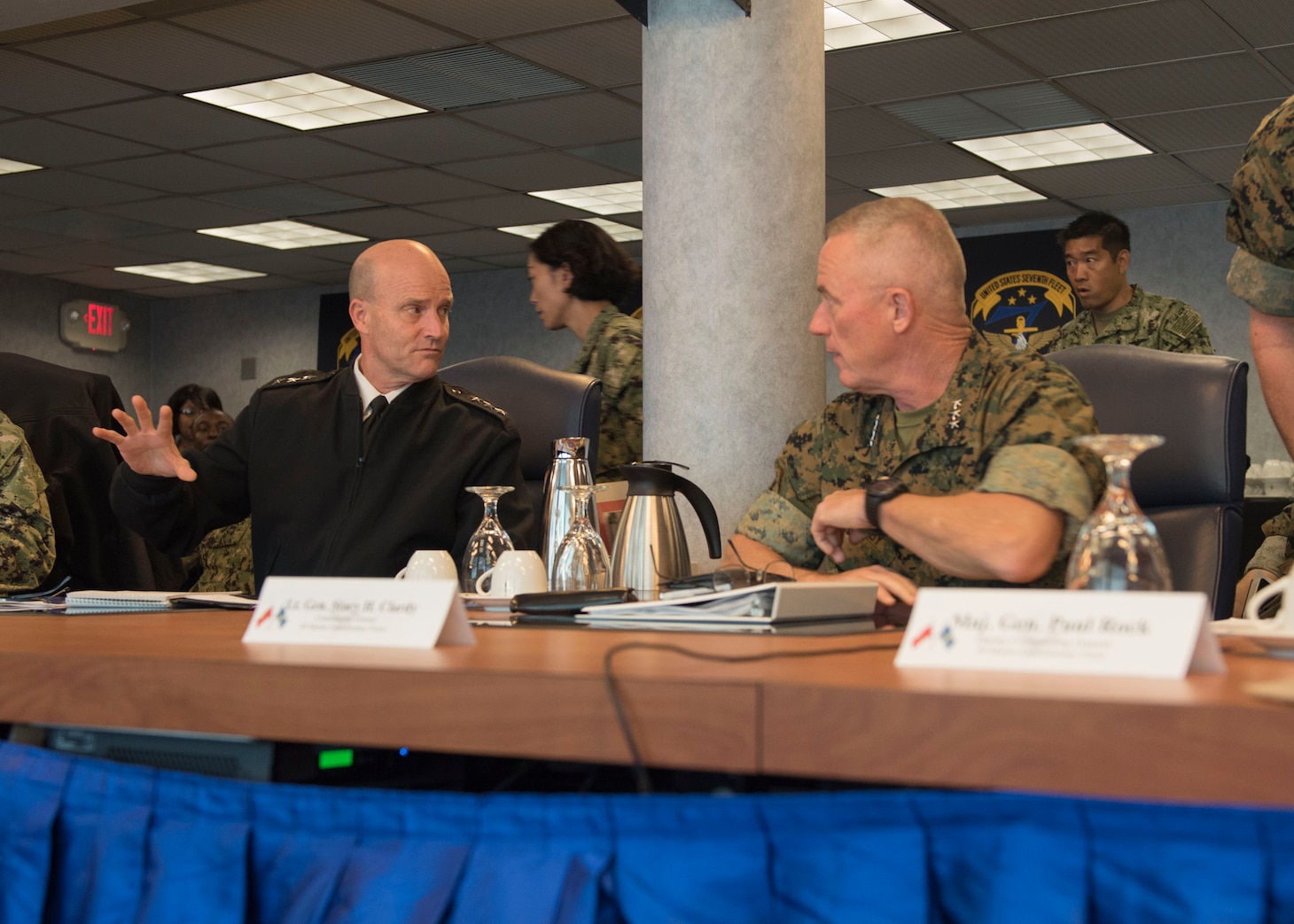 YOKOSUKA, Japan (Oct. 24, 2019) - Commander, U.S. 7th Fleet Vice Adm. Bill Merz speaks with Commanding General, III Marine Expeditionary Force (MEF) Lt. Gen. H. Stacy Clardy during staff talks aboard 7th Fleet flagship USS Blue Ridge (LCC 19) in port at Yokosuka Naval Base. 7th Fleet serves with III MEF to continually execute missions that enable maritime superiority through effective command and control, prosecution of naval fires, and operational maneuvers.