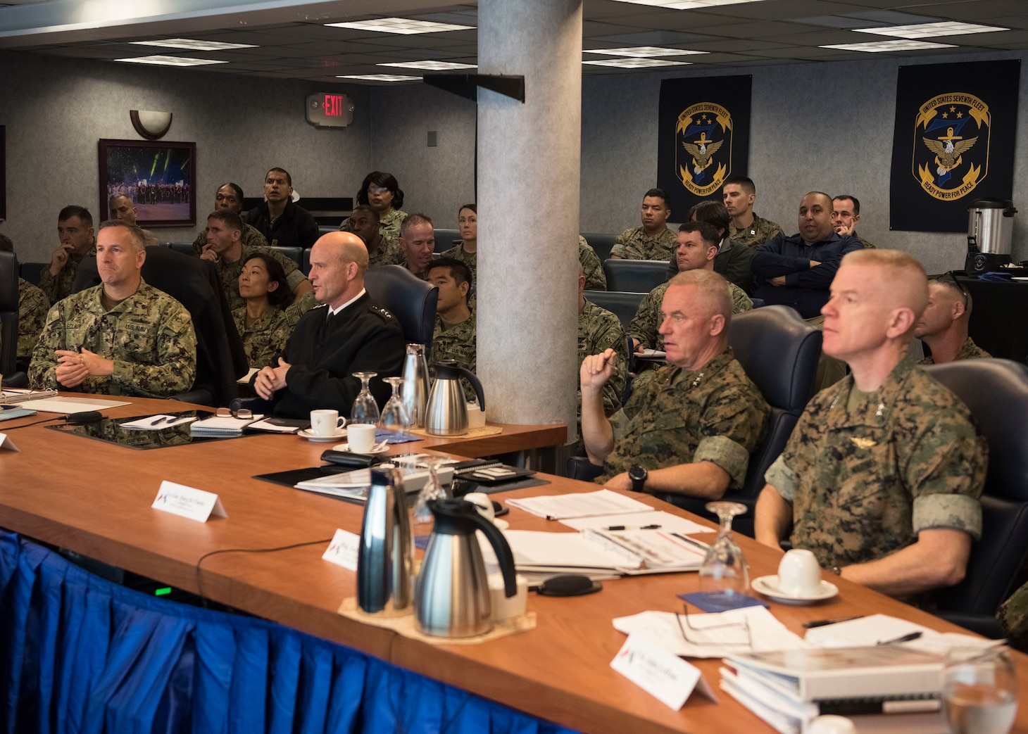 YOKOSUKA, Japan (Oct. 24, 2019) - (From left) Deputy Commander, U.S. 7th Fleet Rear Adm. Ted LeClair, Commander, U.S. 7th Fleet Vice Adm. Bill Merz, Commanding General, III Marine Expeditionary Force (MEF) Lt. Gen. H. Stacy Clardy, and Deputy Commanding General, III MEF Maj. Gen. Paul Rock participate in staff talks aboard 7th Fleet flagship USS Blue Ridge (LCC 19) in port at Yokosuka Naval Base. 7th Fleet serves with III MEF to continually execute missions that enable maritime superiority through effective command and control, prosecution of naval fires, and operational maneuvers.
