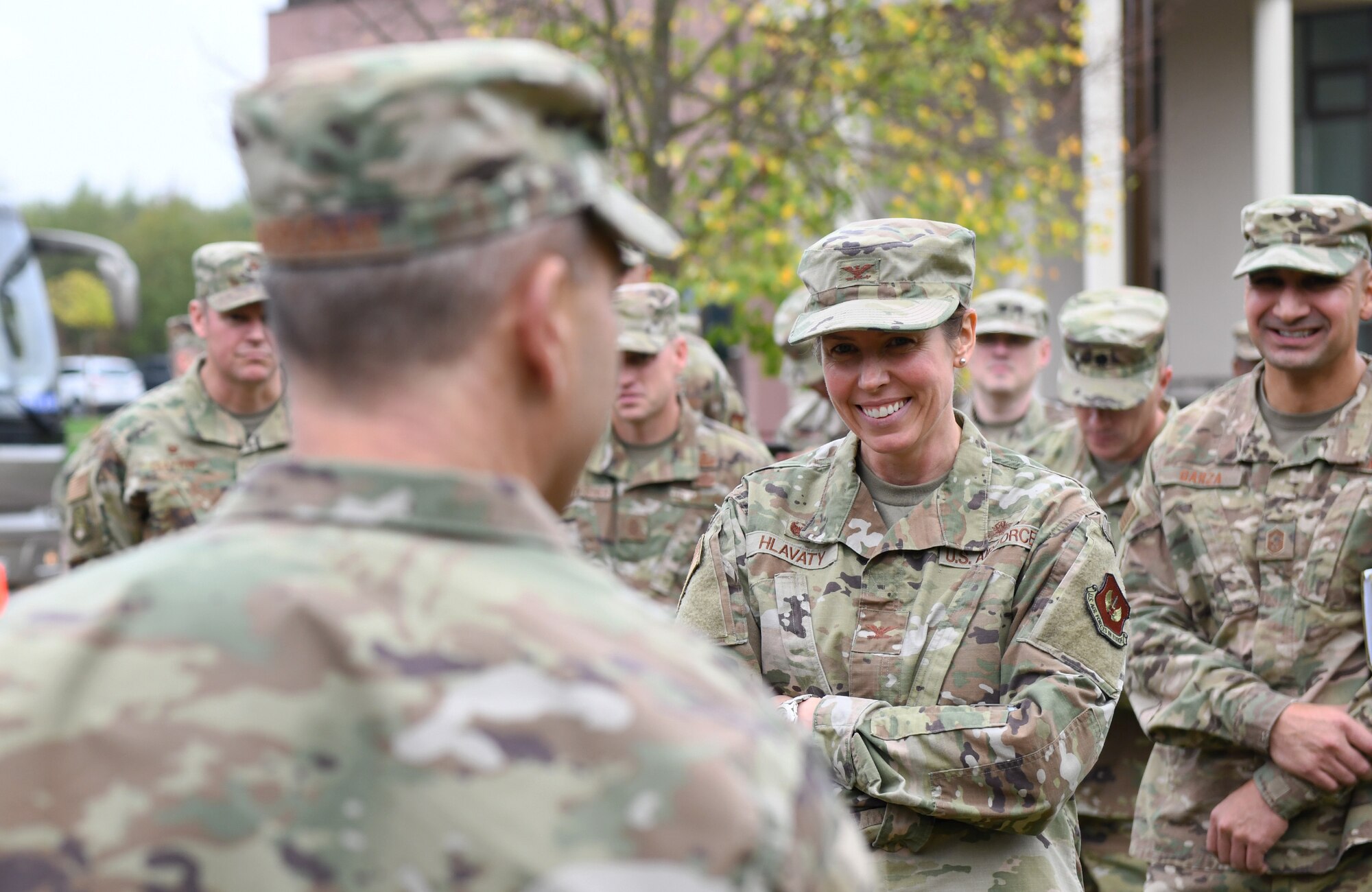 U.S. Air Force Gen. Jeff Harrigian, U.S. Air Forces Europe and Air Forces Africa commander, talks to members of the 435th Air Ground Operations Wing during an immersion tour at Ramstein Air Base, Germany, Oct. 23, 2019. During the tour, Harrigian learned about Airmen’s innovations and challenges as well as current operations from experts across the 435th AGOW and the 435th Air Expeditionary Wing. (U.S. Air Force photo by Staff Sgt. Alex Fox Echols III)