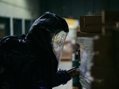 Soldiers assigned to the New York National Guard's 24th Civil Support Team based at Ft. Hamilton search a warehouse for simulated weapons of mass destruction during an exercise in Brooklyn, N.Y., Oct. 22, 2019. The 22- person team of Airmen and Soldiers must becertified every 18 months.