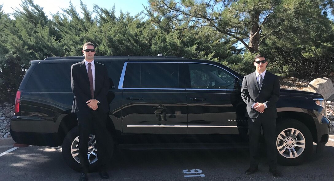 Air Force Office of Special Investigations Special Agent Jared Paradis, left, and Senior Airman Edward Bofill were selected as members of the new Protective Service Detail (PSD) supporting the standup of the Air Force's 11th Combatant Command, United States Space Command Aug. 29, 2019. (AFOSI photo)