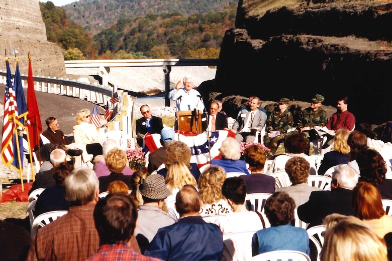 Congressman Hal Rogers, Kentucky 5th District, gives the keynote address during the dedication ceremony for the Harlan Flood Control Project Oct. 25, 1999 in Loyall, Ky. The decade-long project managed by the U.S. Army Corps of Engineers Nashville District provided a maximum level of flood protection to the towns of Harlan, Baxter, Loyall and Rio Vista in Harlan County, Kentucky. (USACE Photo by Bill Peoples)