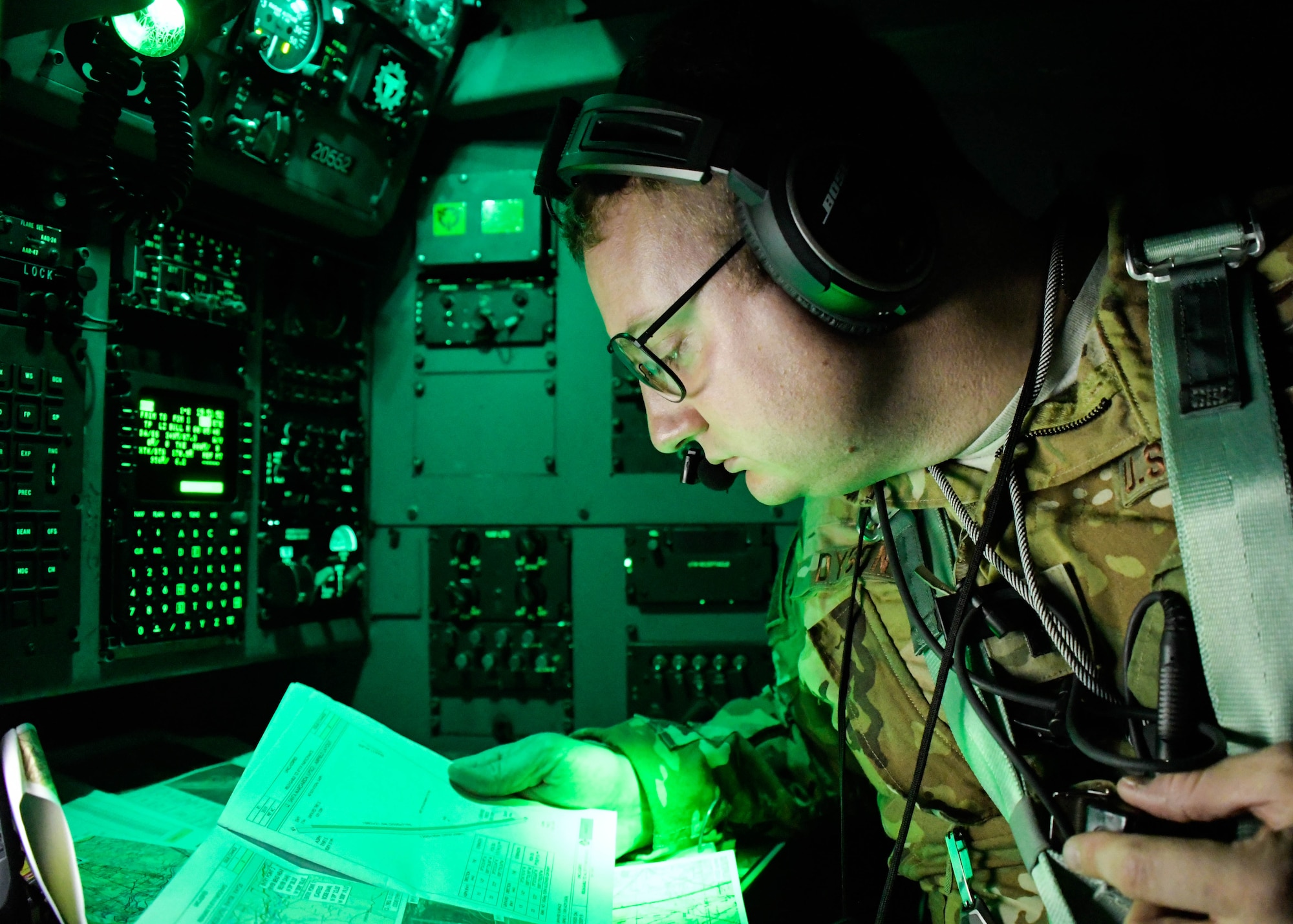 1st Lt. Patrick Dyson, a 700th Airlift Squadron navigator and mission planning cell member, navigates during a Night Tactical Air-Land mission during Exercise Real Thaw 2019 at Beja Air Base, Portugal, Oct. 2, 2019. Real Thaw is a Portuguese-led large joint and combined force exercise held annually where Dobbins provided aerial support. (U.S. Air Force photo/Senior Airman Josh Kincaid)