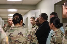 Sgt. Major of the Army Micheal A. Grinston stops by 1st Theater Sustainment Command’s barracks to check quality of living during his visit to Fort Knox Oct. 23, 2019.