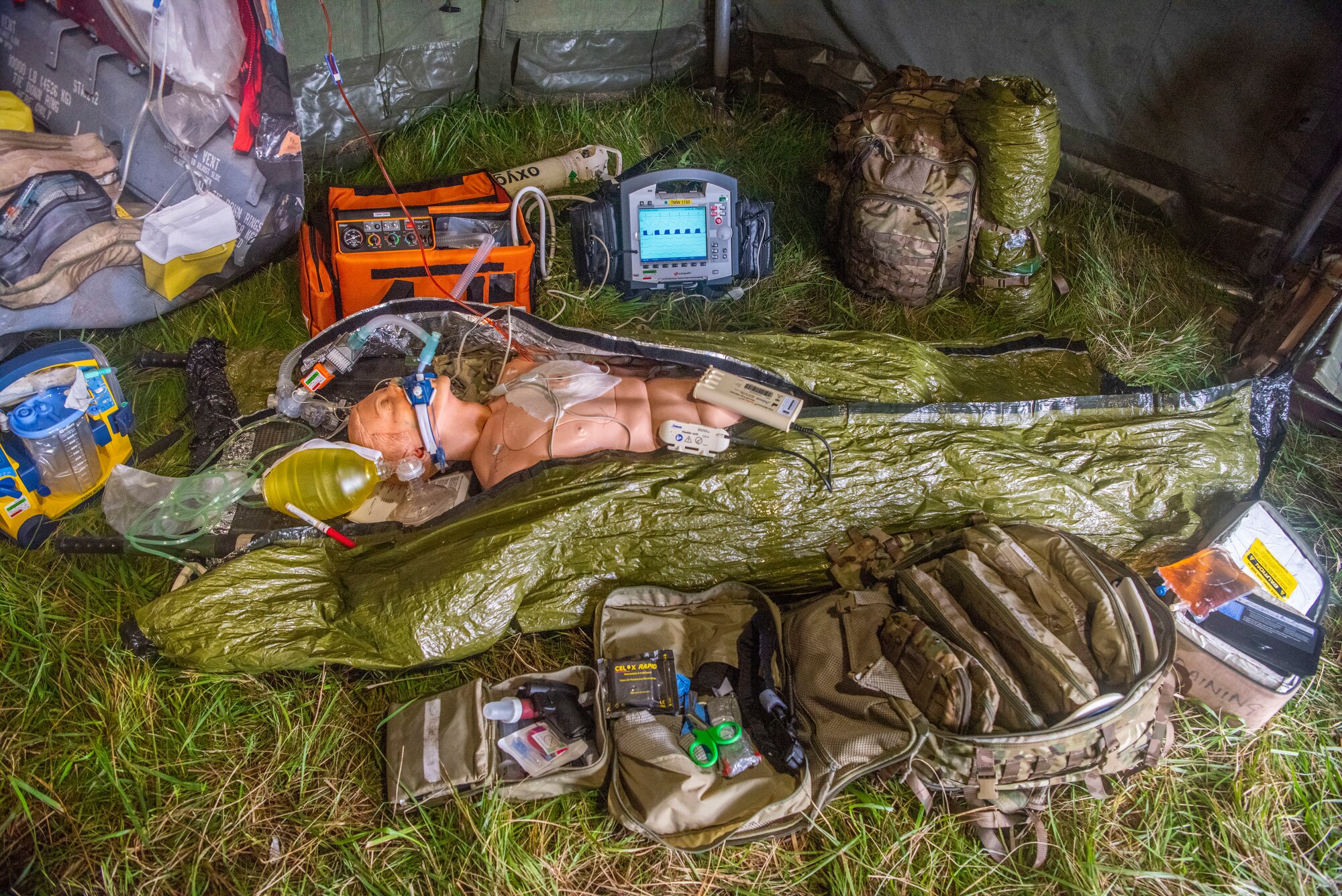 Medical equipment lies on the ground at Royal Air Force Waddington, England, Oct. 22, 2019. Airmen learned about RAF nursing and aeromedical evacuation capabilities as part of the RAF Air Combat Power visit. (U.S. Air Force photo by Airman 1st Class Joseph Barron)