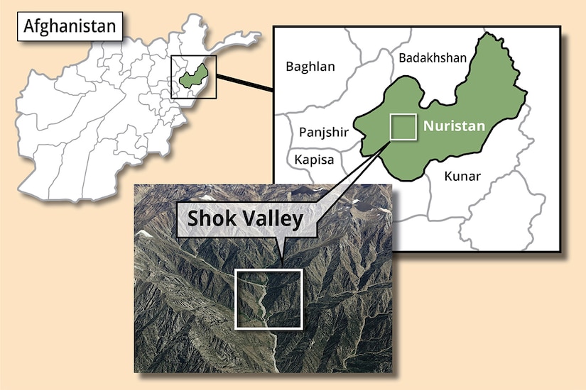 A map of Afghanistan, with a second map zoomed in on the Nuristan Province. A third image zooms in on Shok Valley.