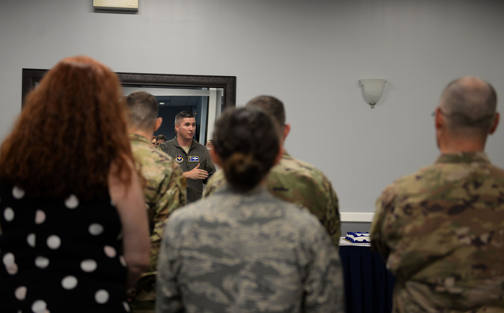 Col. David Fazenbaker, 14th Flying Training Wing vice commander, speaks to Airmen about the Air Force’s Birthday and heritage in the Columbus Club Sept. 18, 2019, on Columbus Air Force Base, Miss. Before the creation of the Air Force, the military’s flying operations were handled by the U.S. Army on land and the Navy by sea. (U.S. Air Force photo by Airman 1st Class Hannah Bean)