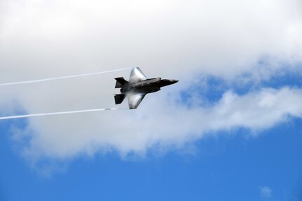 An F-35 Lightning II performs a flying demonstration at the Wings Over Houston Airshow at Ellington Airport in Houston Oct. 20.