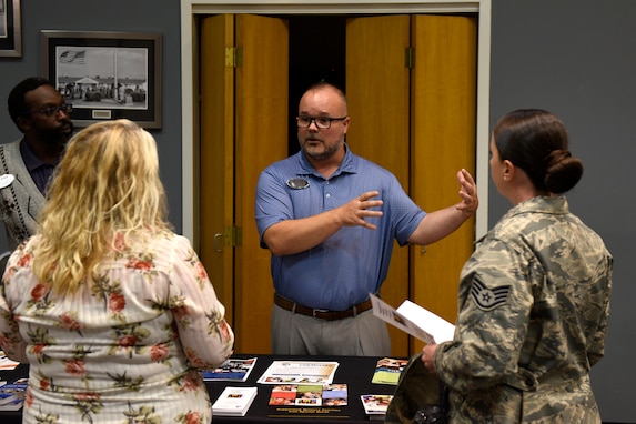 Exceptional Family Member Program Specialist with the 17th Force Support Squadron, Joe Goodwin, speaks to attendees of the National Disability Employment Awareness Month information fair at the event center, Goodfellow Air Force Base, Texas, Oct. 21, 2019. The event celebrated individuals with disabilities and their contribution to the workforce. (U.S. Air Force photo by Airman 1st Class Zachary Chapman/Released)