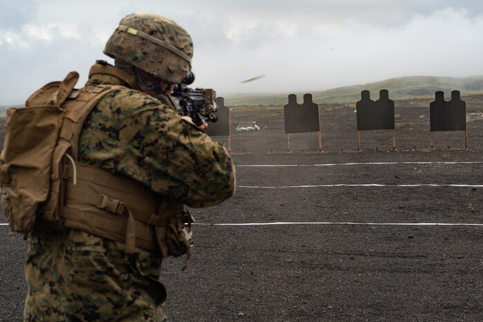 A U.S. Marine Lance Cpl. Connor Harig participates in a combat marksmanship range during exercise Fuji Viper 20.1 in Camp Fuji, Japan, Oct. 16, 2019. Fuji Viper is a regularly scheduled training evolution for infantry units assigned to 3rd Marine Division as part of the unit deployment program. The training allows units to maintain their lethality and proficiency in infantry and combined arms tactics. Harig is assigned to 4th Marine Regiment, 3rd Marine Division, and a native of Lewisberry, Penn.