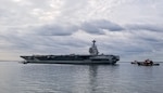 NEWPORT NEWS, Va. (Oct. 25, 2019) The aircraft carrier USS Gerald R. Ford (CVN 78) departs Huntington Ingalls Industries-Newport News Shipbuilding, Oct. 25, 2019, to conduct sea trials.