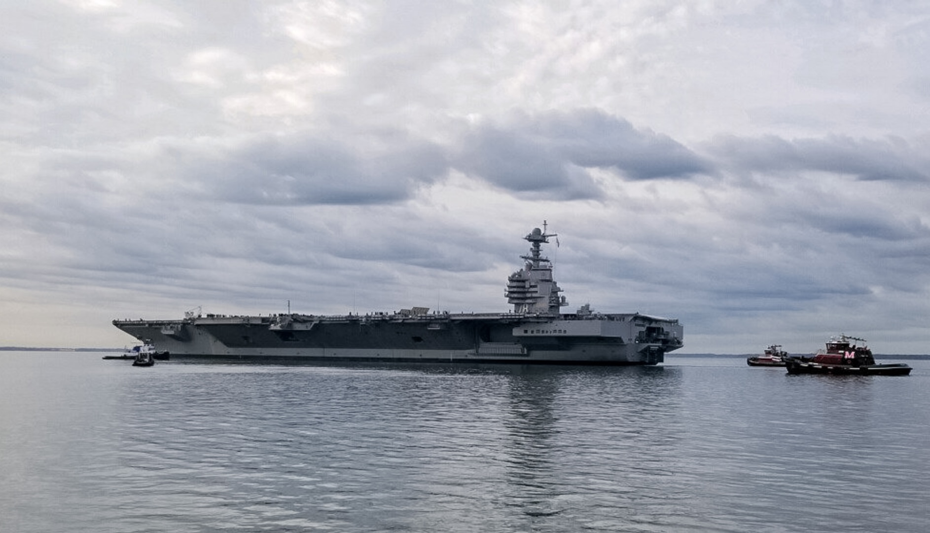 NEWPORT NEWS, Va. (Oct. 25, 2019) The aircraft carrier USS Gerald R. Ford (CVN 78) departs Huntington Ingalls Industries-Newport News Shipbuilding, Oct. 25, 2019, to conduct sea trials.