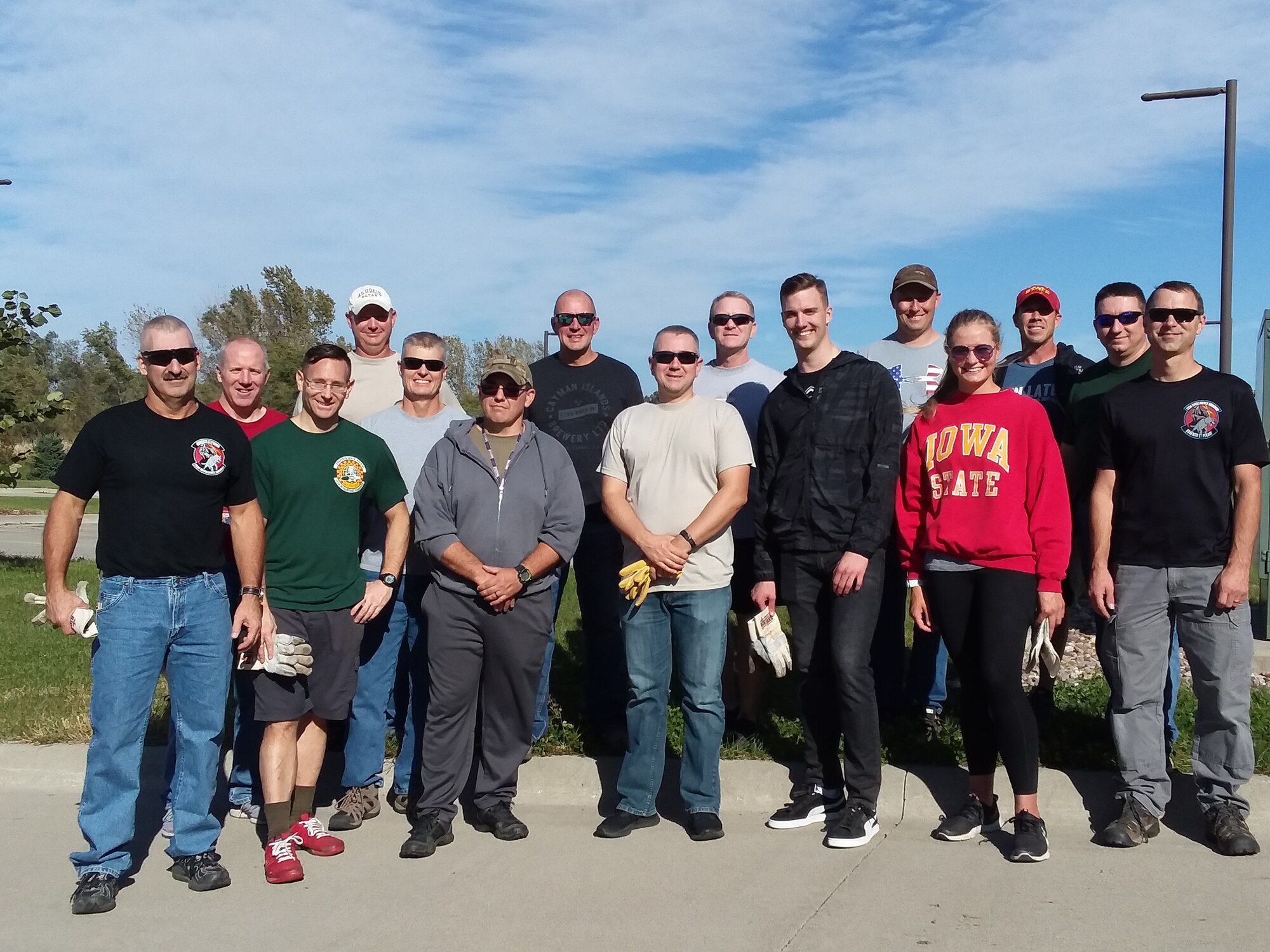 Members of the 132d Intelligence Surveillance Reconnaissance Group pose for a group photo after volunteering with the at the Mid-Iowa Council Fred Maytag II Scout Center, October 18, 2019, in Des Moines, Iowa. The Airmen helped prepare the center for winter. (Courtesy Photo)