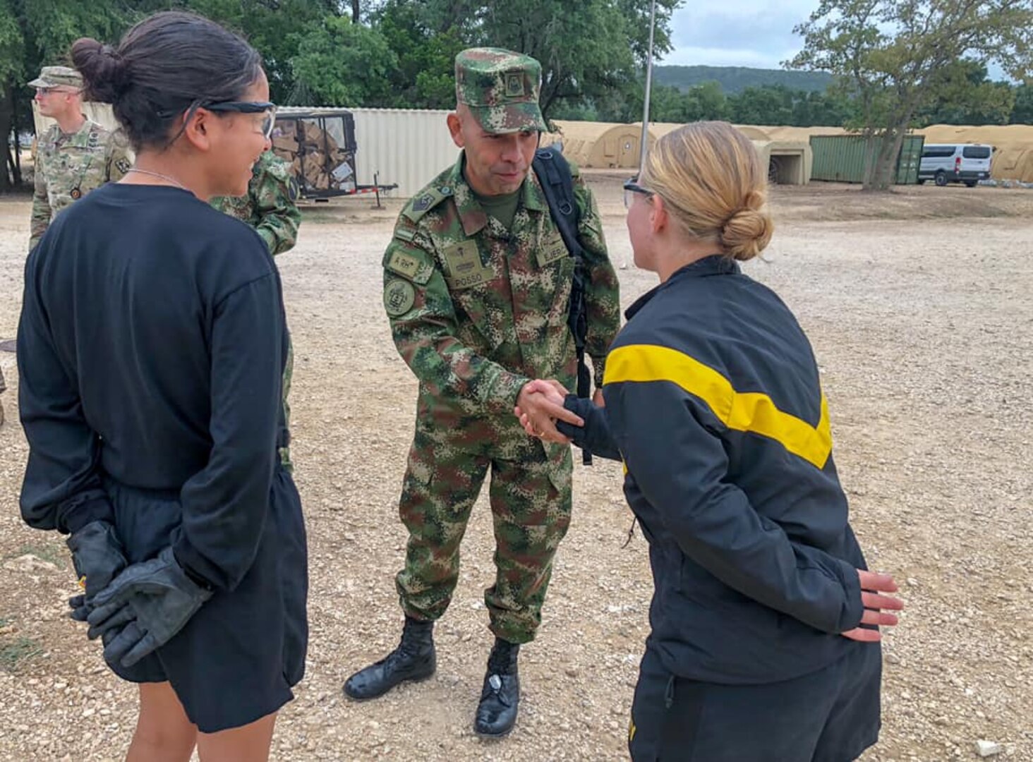 Argemiro Posso Rivera, Colombian Military Senior Enlisted Advisor to the Joint Chiefs of Staff, visits with U.S. Army Soldiers participating in Combat Medic Training at Joint Base San Antonio-Camp Bullis Oct. 24.