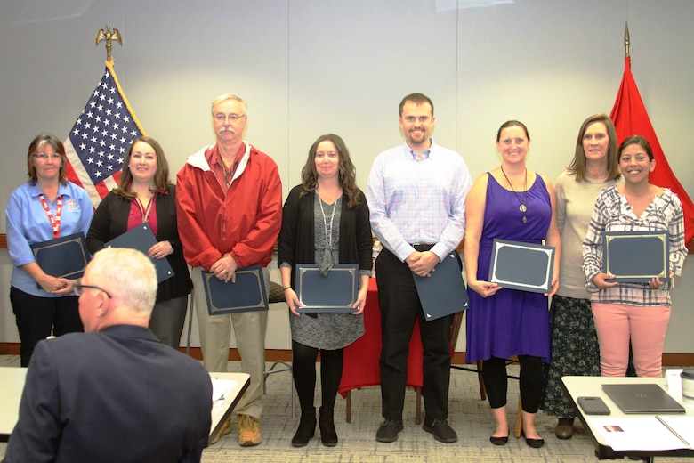 Kansas City District Contracting Division personnel were presented with a certificate of recognition by leadership for helping set up Contracting Fall Training October 22, 2019. Left to right – Jeri Halterman, Heather Scott, John Hendrix, Stephanie Kretzer, Zach Goodman, Sarah Moppin, Cheryl Colbert and Jo McCue.