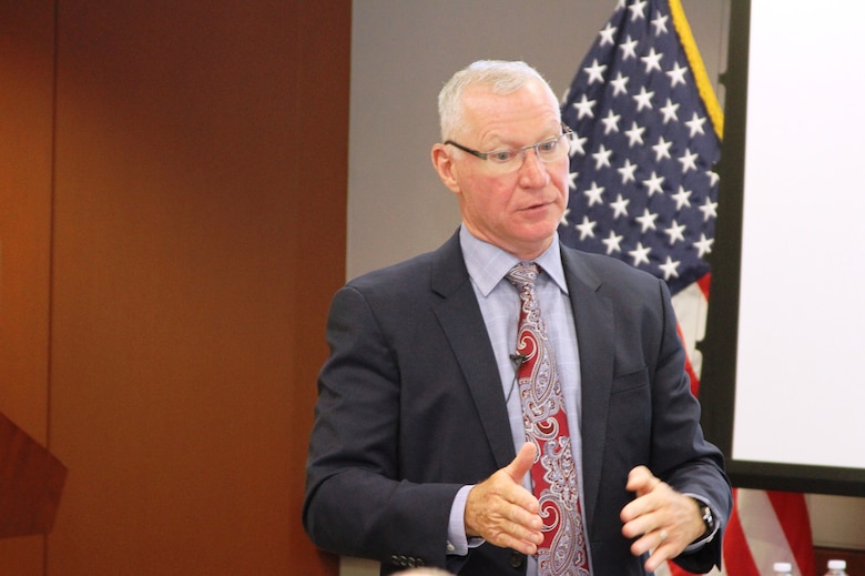 Stuart Hazlett, Deputy Assistant Secretary of the Army (Procurement), who led a spirited session at the USACE Kansas City District Fall Training on how contracting professionals can help our Army win our nation’s wars. Hazlett prominently featured readiness, modernization and reform as the key areas to concentrate on during his session October 22, 2019.