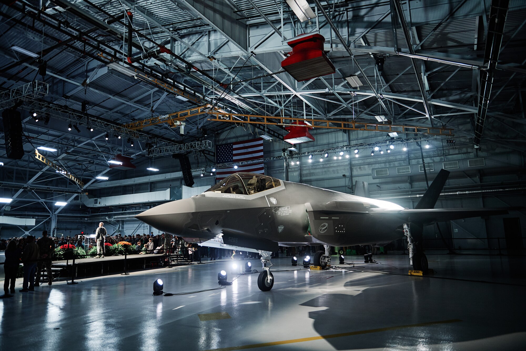 Airmen and their families celebrating the arrival of the F-35 Lightning II