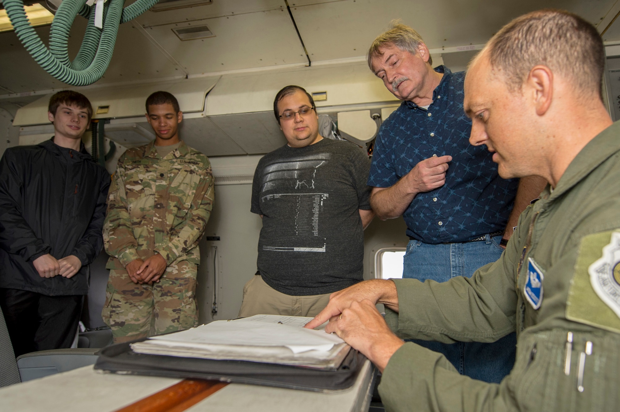 U.S. Air Force Lt. Col. Jason Scott, commander of the 116th Operations Support Squadron, Georgia Air National Guard, explains forms used on an E-8C Joint STARS to Mercer University upperclassmen at Robins Air Force Base, Ga., Oct. 15, 2019. The students from the computer science department worked on an innovation project to help reform the way JSTARS scheduling is run, and a behind-the-scenes look explained some current operating procedures.