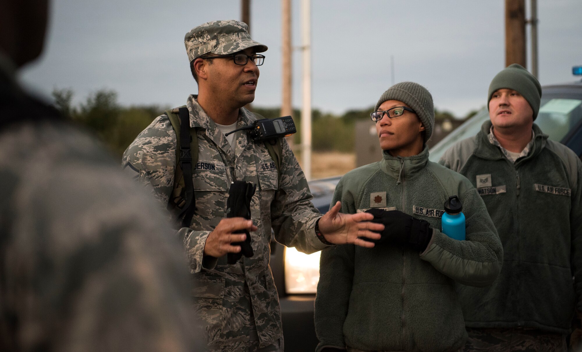 Master Sgt. Jason Anderson, 47th Operational Medical Readiness Squadron NCO in charge of flight medicine, gives feedback to the members of the 47th OMRS on how they performed during the readiness exercise at Laughlin Air Force Base, Texas, Oct. 25, 2019. The exercise was part of the new Defense Health Agency initiative to familiarize in-service medics with combat-like scenarios in order for them to be deployment-ready. (U.S. Air Force photo by Senior Airman Marco A. Gomez)