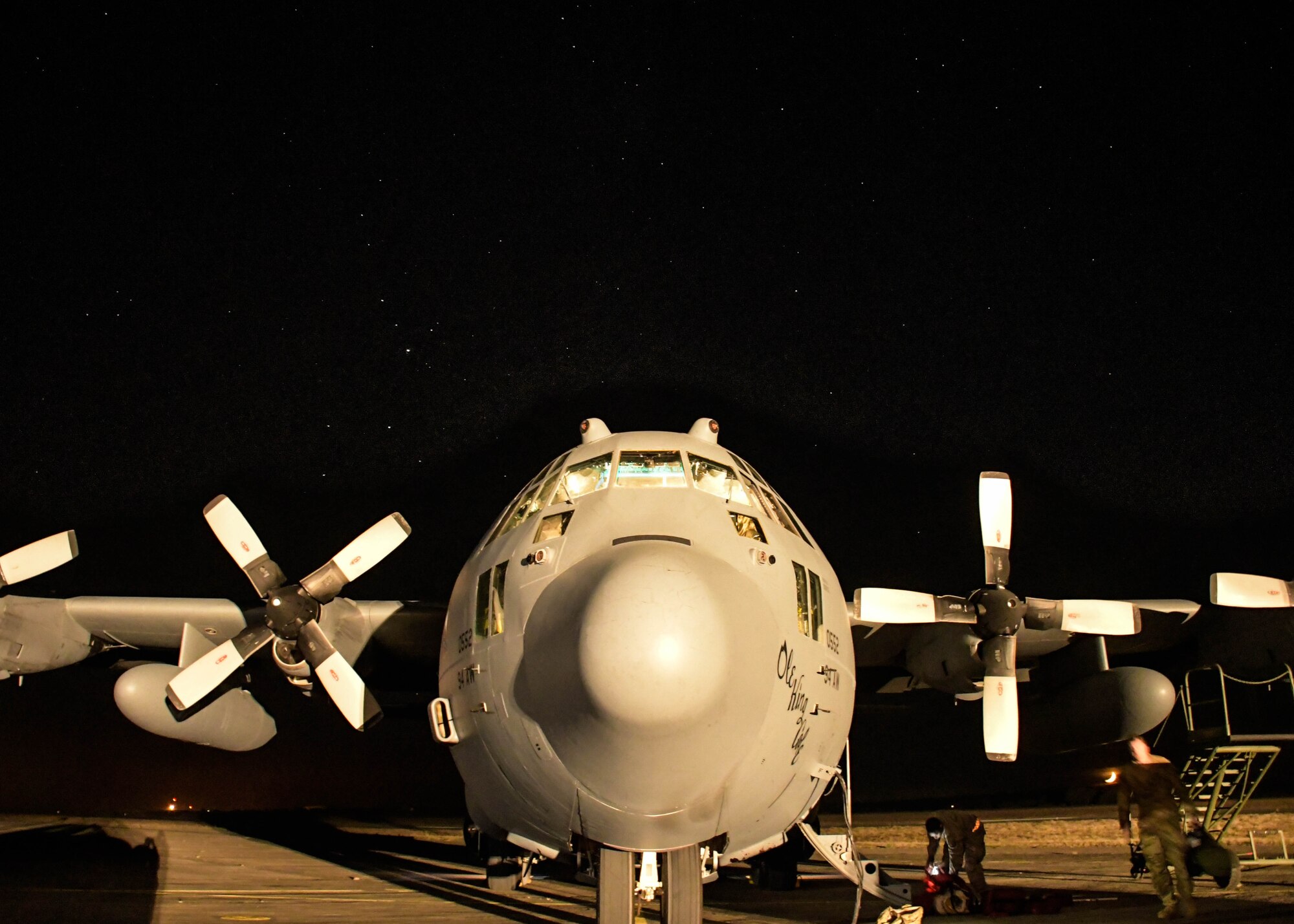 A C-130H3 Hercules from Dobbins Air Reserve Base, Georgia, sits under the stars following a Night Tactical Air-Land mission during Exercise Real Thaw 2019 at Beja Air Base, Portugal, Oct. 2, 2019. Real Thaw is a Portuguese-led large joint and combined force exercise held annually where Dobbins provided aerial support. (U.S. Air Force photo/Senior Airman Josh Kincaid)