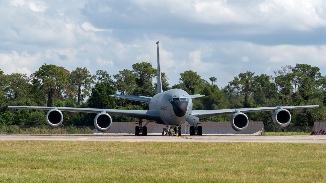 Aircrew members prepare a KC-135 Stratotanker for flight during an operational readiness exercise (ORE) Oct. 24, 2019, at MacDill Air Force Base, Fla. The 6th Air Refueling Wing conducted the ORE to ensure proficiency and response times of various units on base during a simulated alert scenario.