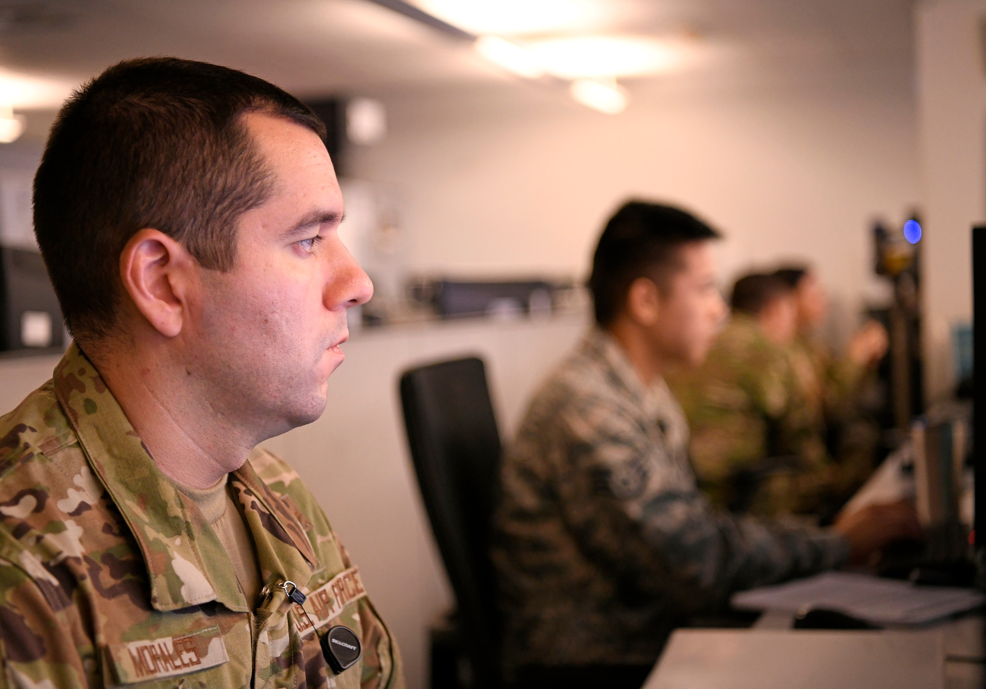 U.S. Air Force Airmen at the 33rd Network Warfare Squadron conduct cyber operations at Joint Base San Antonio-Lackland, Texas, Aug. 27, 2019. Airmen from the 33rd NWS utilize a cyber weapon system that employs more than 40 tools and applications. The “12N12” initiative aims to reduce this number to 12 in 12 months. (U.S. Air Force photo by Tech. Sgt. R.J. Biermann)