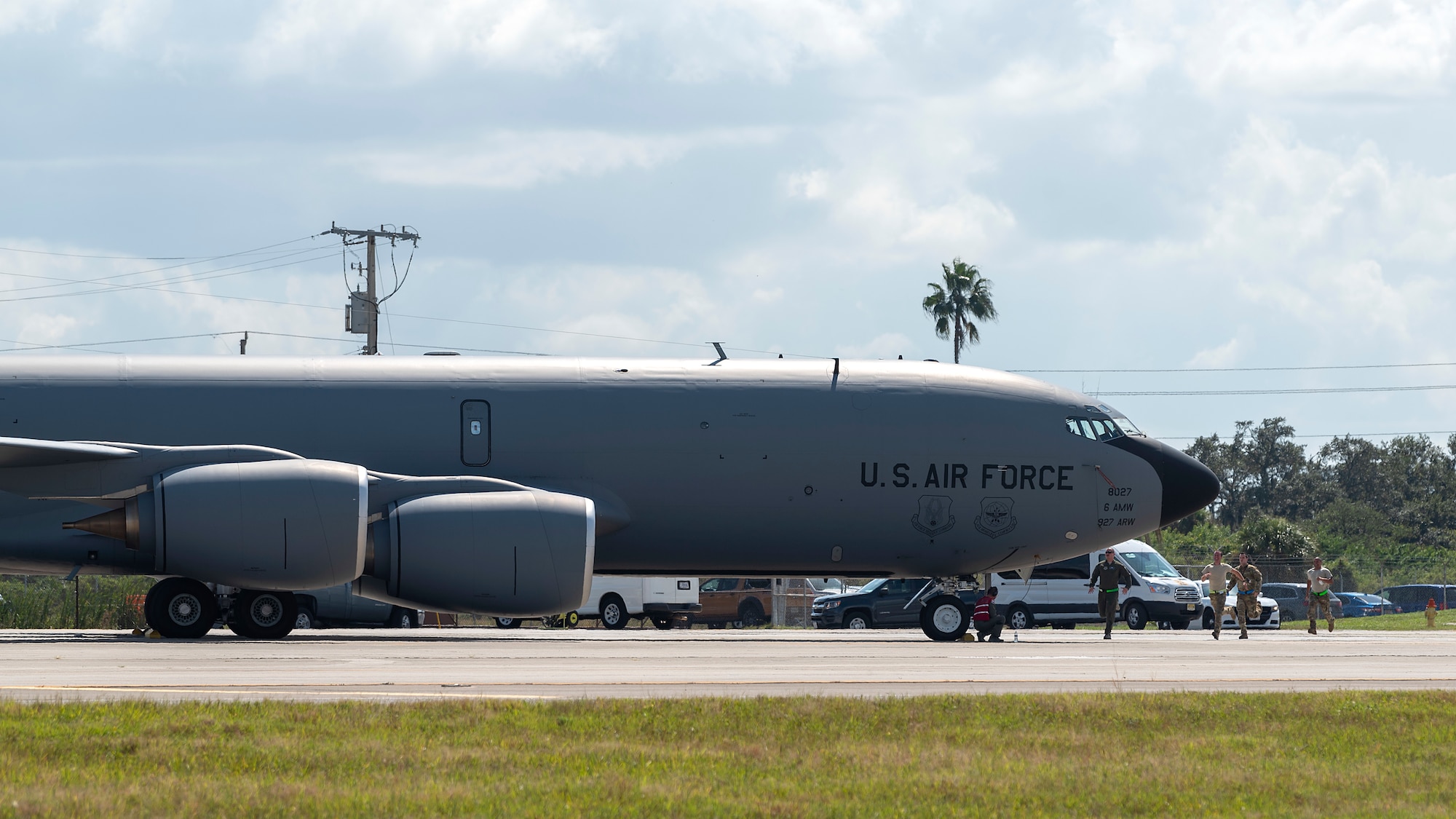 Aircrew members run toward a KC-135 Stratotanker during an operational readiness exercise (ORE) Oct. 24, 2019, at MacDill Air Force Base, Fla. The 6th Air Refueling Wing conducted the ORE to ensure proficiency and response times of various units on base during a simulated alert scenario.