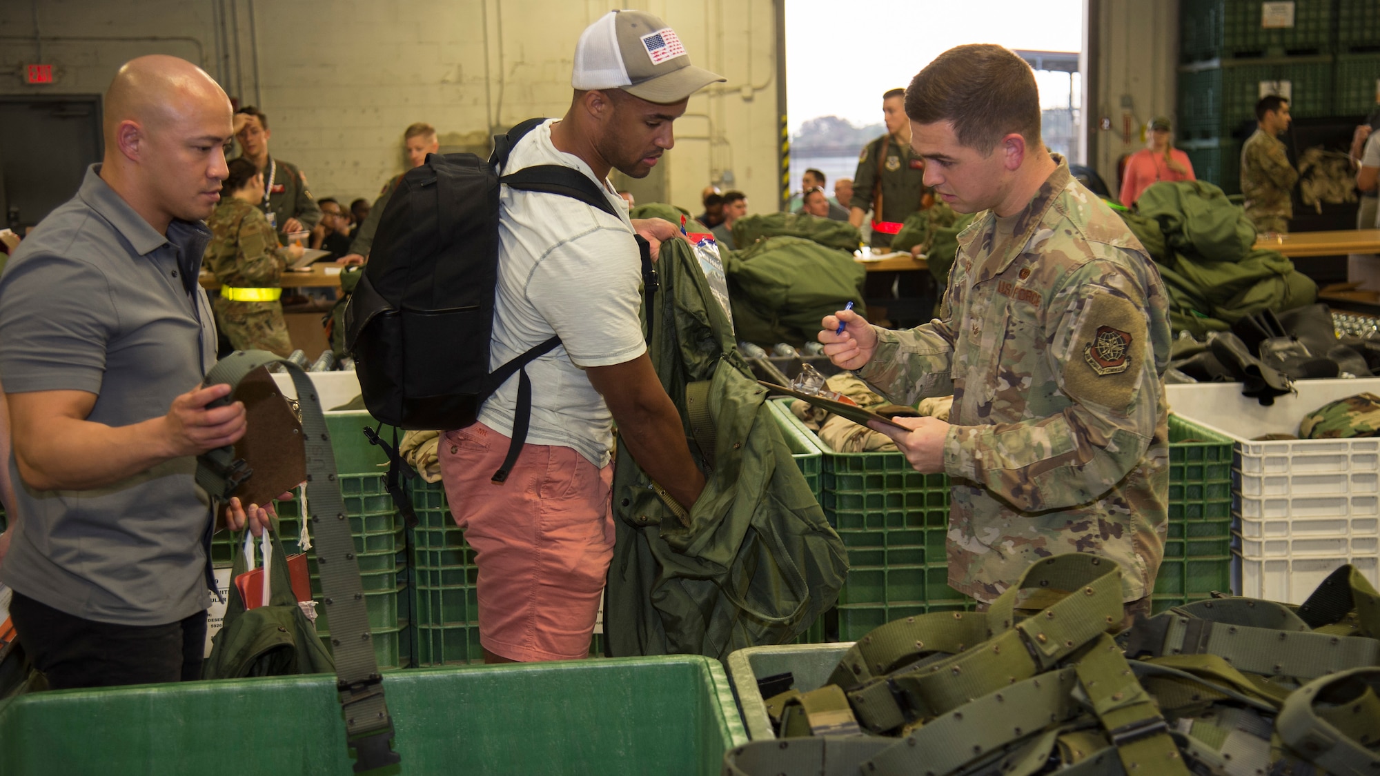 U.S. Senior Airman Justin Auger, a 6th Logistics Readiness Squadron customer service technician, checks an inventory list during an operational readiness exercise Oct. 22, 2019, at MacDill Air Force Base, Fla. The 6th LRS was tasked to exercise their capabilities of readying personnel and cargo during a simulated deployment scenario.