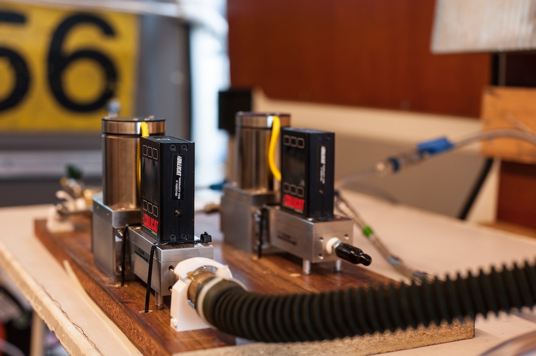 A pilot breathing air measurement system gathers samples in the Netherlands during an acoustics and air quality testing session, led by experts in the Air Force Research Laboratory’s 711th Human Performance Wing in an international effort to provide an official report to our international customer for its hardened aircraft shelter certifications. (Photo courtesy of Royal Netherlands Air Force)