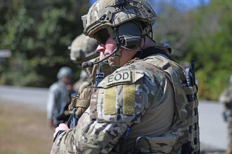 U.S. Air Force Staff Sgt. Htyler Kelley, 19th Civil Engineer Squadron Explosive Ordnance Disposal technician, ensures his headset is working before boarding a U.S. Army National Guard UH-60 Black Hawk during a Joint training exercise at Little Rock Air Force Base, Arkansas, Oct. 22, 2019.