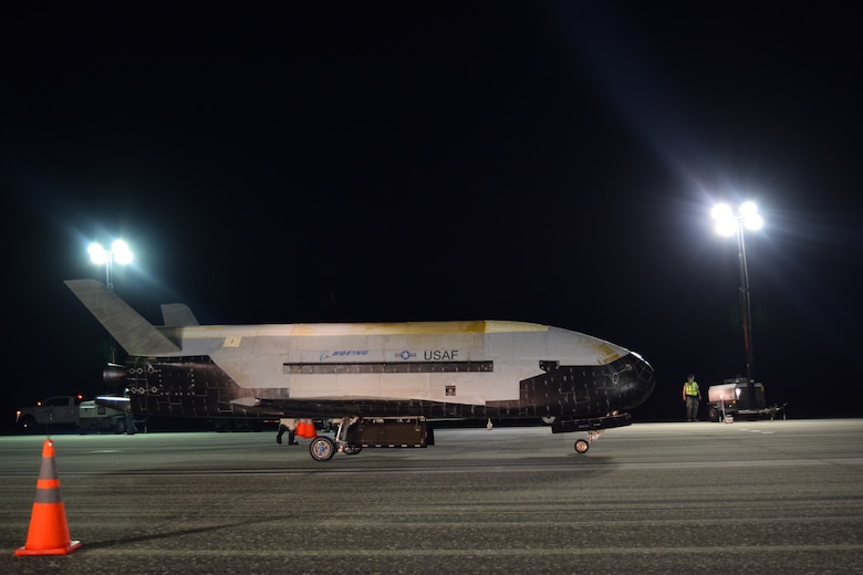 The Air Force's X-37B Orbital Test Vehicle Mission 5 successfully landed at NASA's Kennedy Space Center Shuttle Landing Facility Oct. 27, 2019. The X-37B OTV is an experimental test program to demonstrate technologies for a reliable, reusable, unmanned space test platform for the U.S. Air Force. (Courtesy photo)