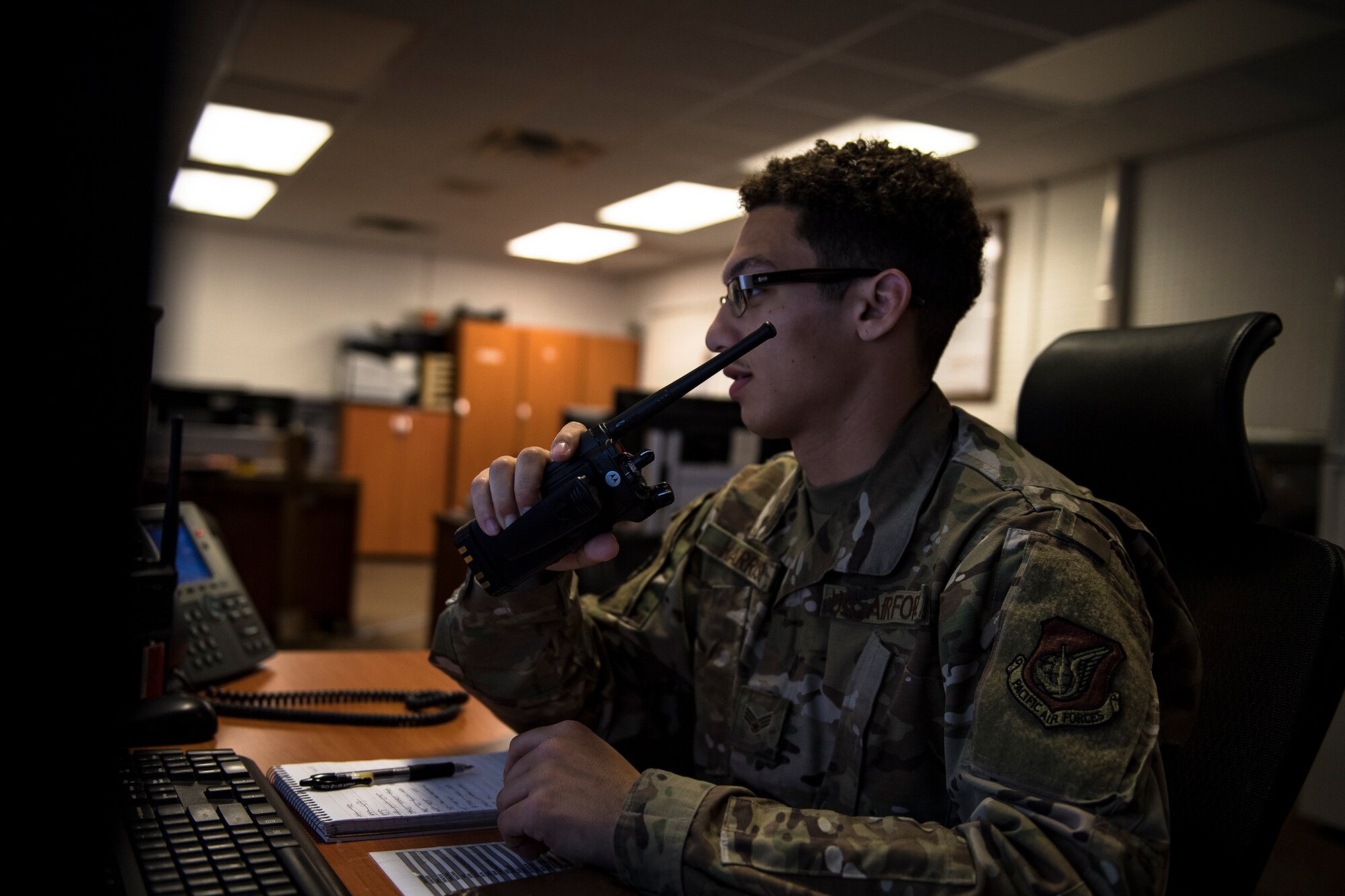Senior Airman Quinn Harrison, 51st Munitions Squadron munition control technician, radios in a munitions delivery, Oct. 25, 2019, at Osan Air Base, Republic of Korea. (U.S. Air Force photo by Staff Sgt. Gregory Nash)