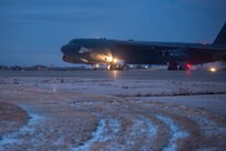 A B-52H Stratofortress aircraft takes off October. 27, 2019, for a Bomber Task Force mission in support of Global Thunder 20. Global Thunder is U.S. Strategic Command's annual nuclear command and control and field training exercise.