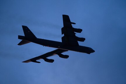 A B-52H Stratofortress aircraft takes off October. 27, 2019, for a Bomber Task Force mission in support of Global Thunder 20. Global Thunder is U.S. Strategic Command's annual nuclear command and control and field training exercise.