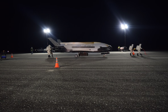 The Air Force’s X-37B Orbital Test Vehicle Mission 5 successfully landed at NASA’s Kennedy Space Center Shuttle Landing Facility Oct. 27, 2019. The X-37B OTV is an experimental test program to demonstrate technologies for a reliable, reusable, unmanned space test platform for the U.S. Air Force. (Courtesy photo)
