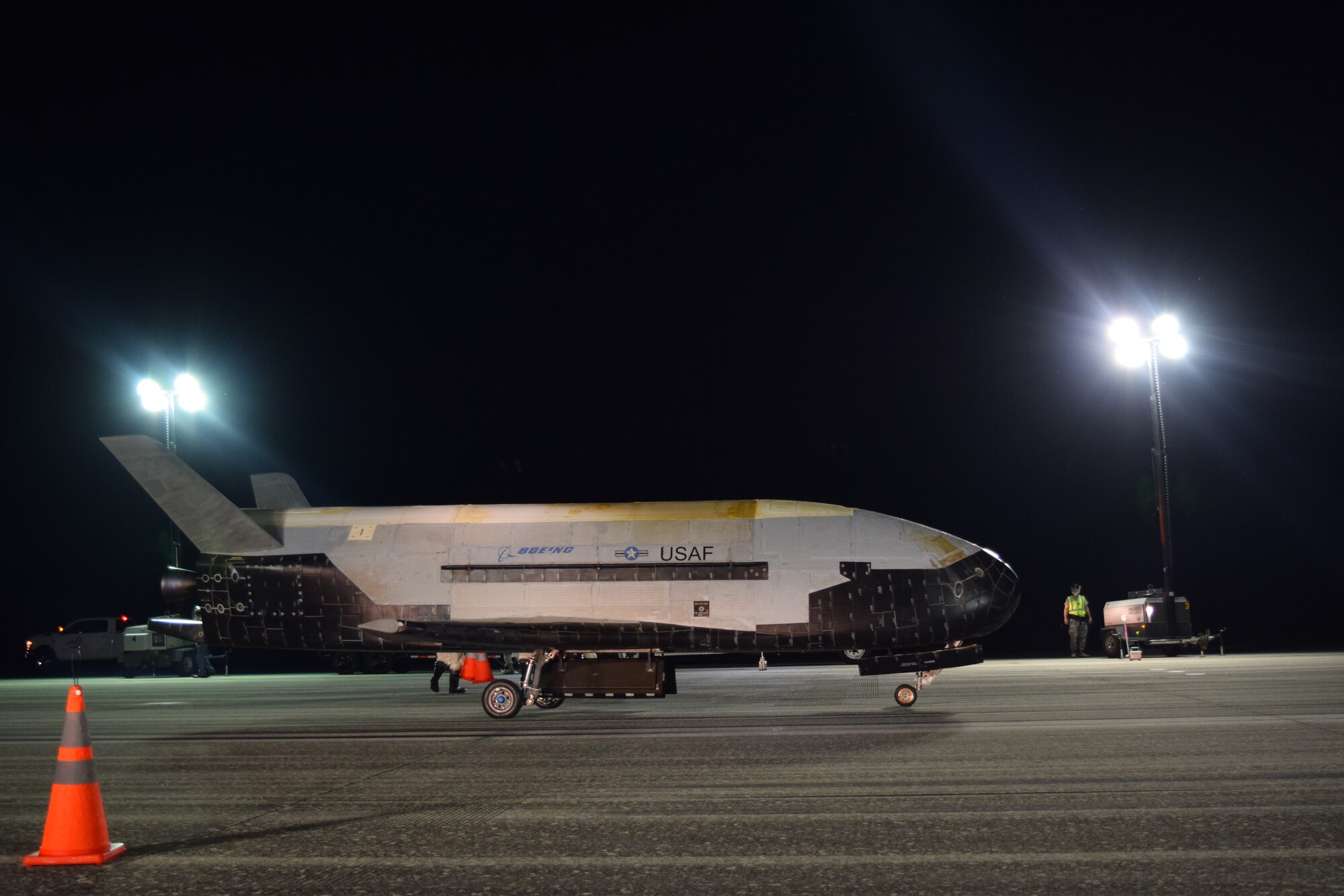 The Air Force’s X-37B Orbital Test Vehicle Mission 5 successfully landed at NASA’s Kennedy Space Center Shuttle Landing Facility Oct. 27, 2019. The X-37B OTV is an experimental test program to demonstrate technologies for a reliable, reusable, unmanned space test platform for the U.S. Air Force. (Courtesy photo)