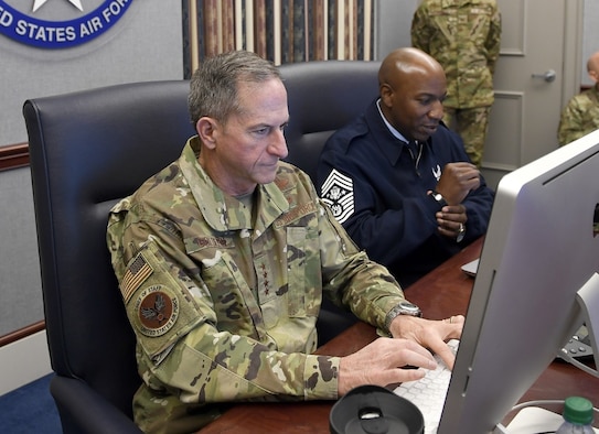 Air Force Chief of Staff Gen. David L. Goldfein and Chief Master Sergeant of the Air Force Kaleth O. Wright take part in a Reddit ‘Ask Me Anything’ session Oct. 24, 2019, at the Pentagon in Arlington, Va. (U.S. Air Force photo by Andy Morataya)