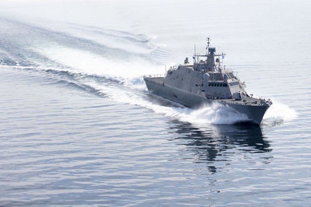 The future USS Indianapolis (LCS 17) during Acceptance Trials in Lake Michigan, June 19, 2019. DLA Troop Support Subsistence supply chain provided support to the ship ahead of its upcoming commissioning ceremony, Oct. 26 at the Port of Indiana-Burns Harbor on Lake Michigan. (Courtesy Photo by Lockheed Martin)