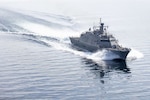 The future USS Indianapolis (LCS 17) during Acceptance Trials in Lake Michigan, June 19, 2019. DLA Troop Support Subsistence supply chain provided support to the ship ahead of its upcoming commissioning ceremony, Oct. 26 at the Port of Indiana-Burns Harbor on Lake Michigan. (Courtesy Photo by Lockheed Martin)