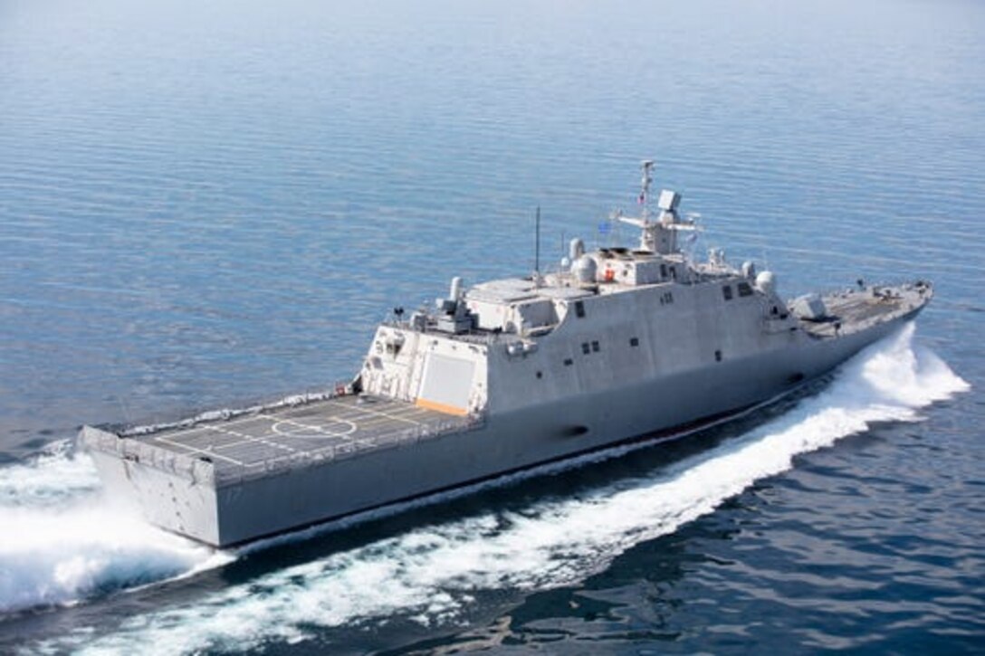 The future USS Indianapolis (LCS 17) during Acceptance Trials in Lake Michigan, June 19, 2019. DLA Troop Support Subsistence supply chain provided support to the ship ahead of its upcoming commissioning ceremony, Oct. 26 at the Port of Indiana-Burns Harbor on Lake Michigan. (Courtesy Photo by Lockheed Martin)