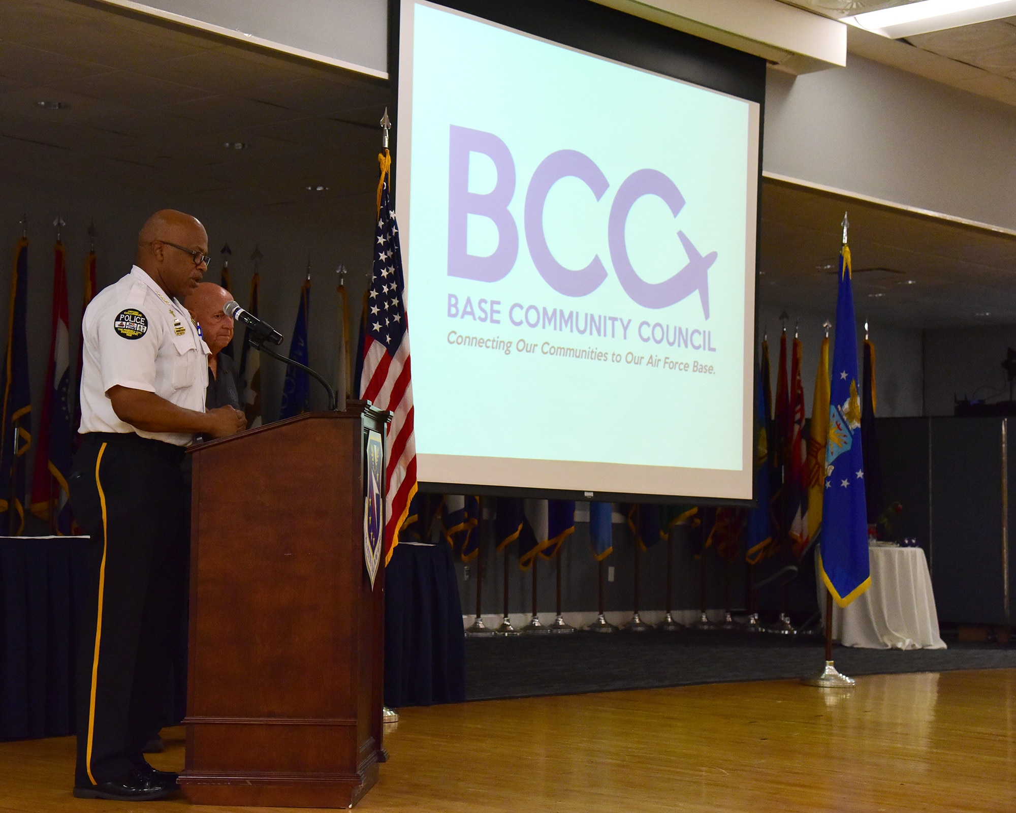 Chief Fred Shelton, Columbus Police Department, delivers the invocation for the Base Community Council meeting Sept. 10, 2019, on Columbus Air Force Base, Miss. At the meeting, the BCC revealed their new logo and invited Lt. Col. Nathaniel Wilds, 50th Flying Training Wing commander, to speak about his experiences in Columbus. (U.S. Air Force photo by Elizabeth Owens)