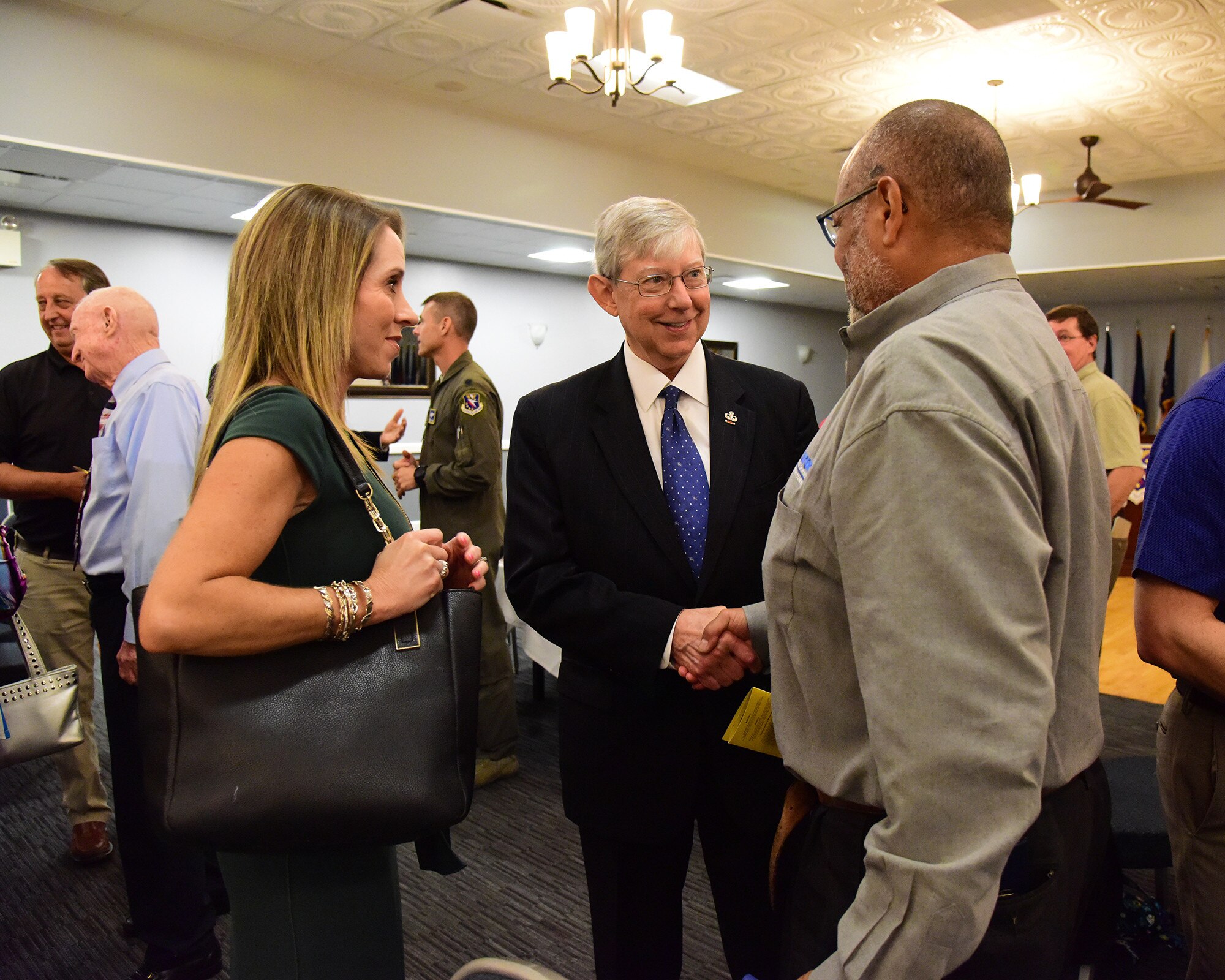 Mr. Dwight Dyess, civilian aide to the Secretary of the Army for Mississippi, Ms. Jennifer Woodruff, West Point BancorpSouth President, and Mr. Greg Stewart, Director of Development at Aurora Flight Science, attended the quarterly Base Community Council meeting Sept. 10, 2019 on Columbus Air Force Base, Miss. (U.S. Air Force photo by Elizabeth Owens)