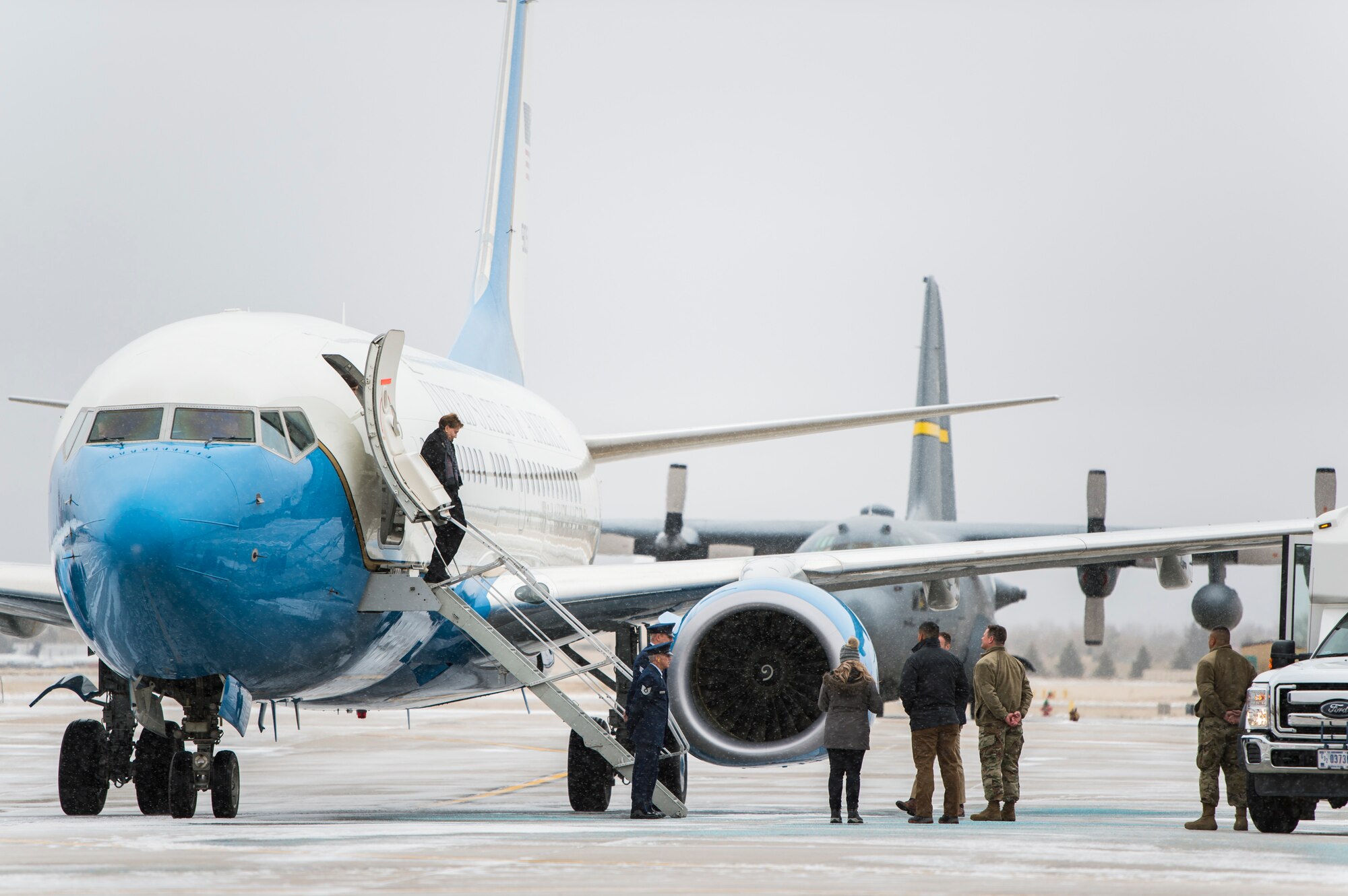 The Secretary of the Air Force Barbara Barrett arrives at the 153d Airlift Wing, Wyoming Air National Guard Base, Cheyenne, Wyo., Oct. 27, 2019. This visit marks Barrett's first official stop since becoming the 25th Secretary of the Air Force. During her visit, Barrett toured F.E. Warren Air Force Base to emphasize the importance of the 90th Missile Wing’s mission.