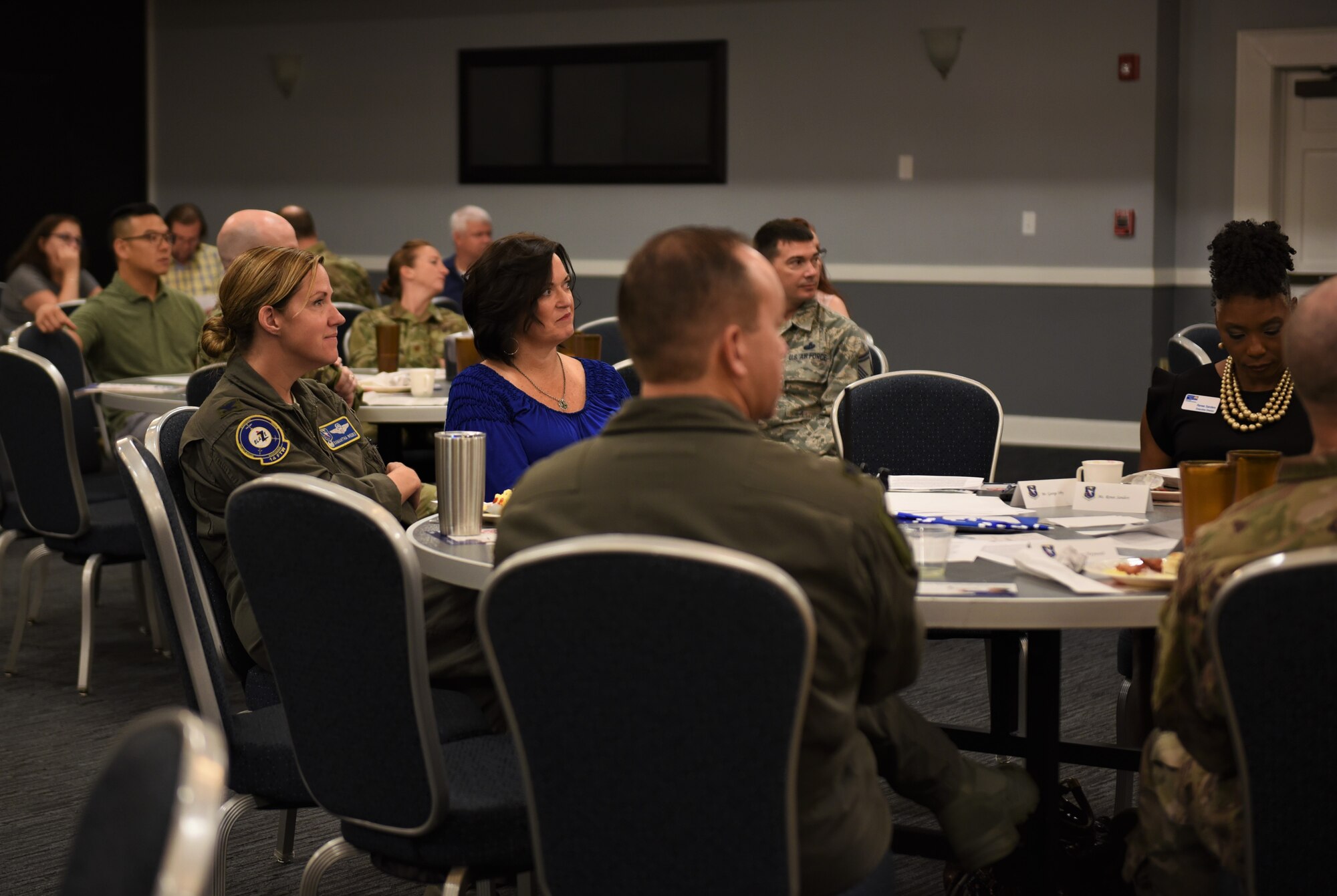 Leadership from the 14th Flying Training Wing attend the 2019 Combined Federal Campaign kickoff breakfast at the Club Sept. 17, 2019, on Columbus Air Force Base, Miss. Two guest speakers from local charities spoke to the attendants about their respective organizations. (U.S. Air Force photo by Senior Airman Beaux Hebert)
