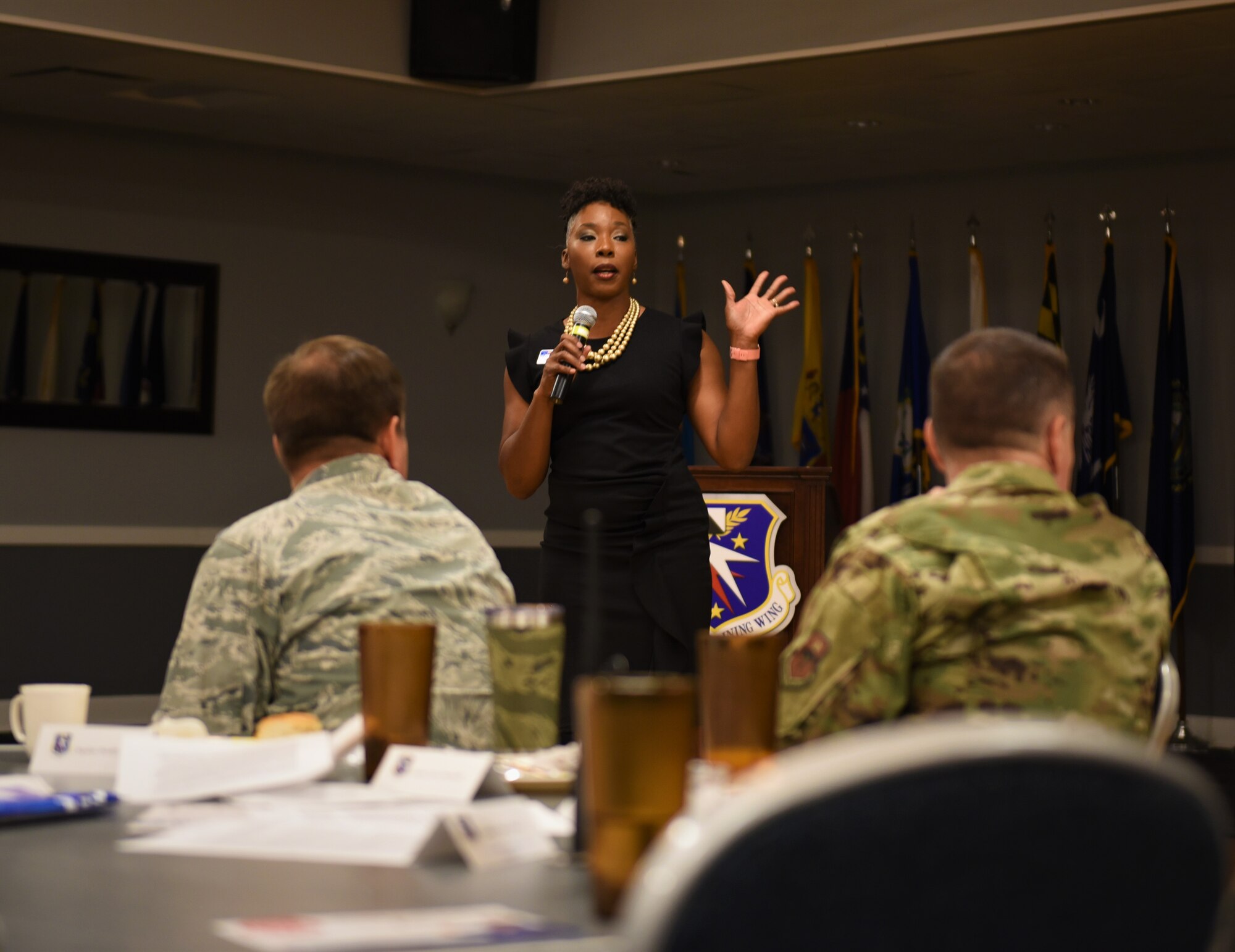 Renee Sanders, CEO of the Lowndes and Noxubee County United Way speaks at the 2019 Combined Federal Campaign kickoff breakfast at the Club Sept. 17, 2019, on Columbus Air Force Base, Miss. Sanders told the attendees about the EF3 tornado that damaged several home and businesses in the local area and what the United Way is doing to help out. (U.S. Air Force photo by Senior Airman Beaux Hebert)