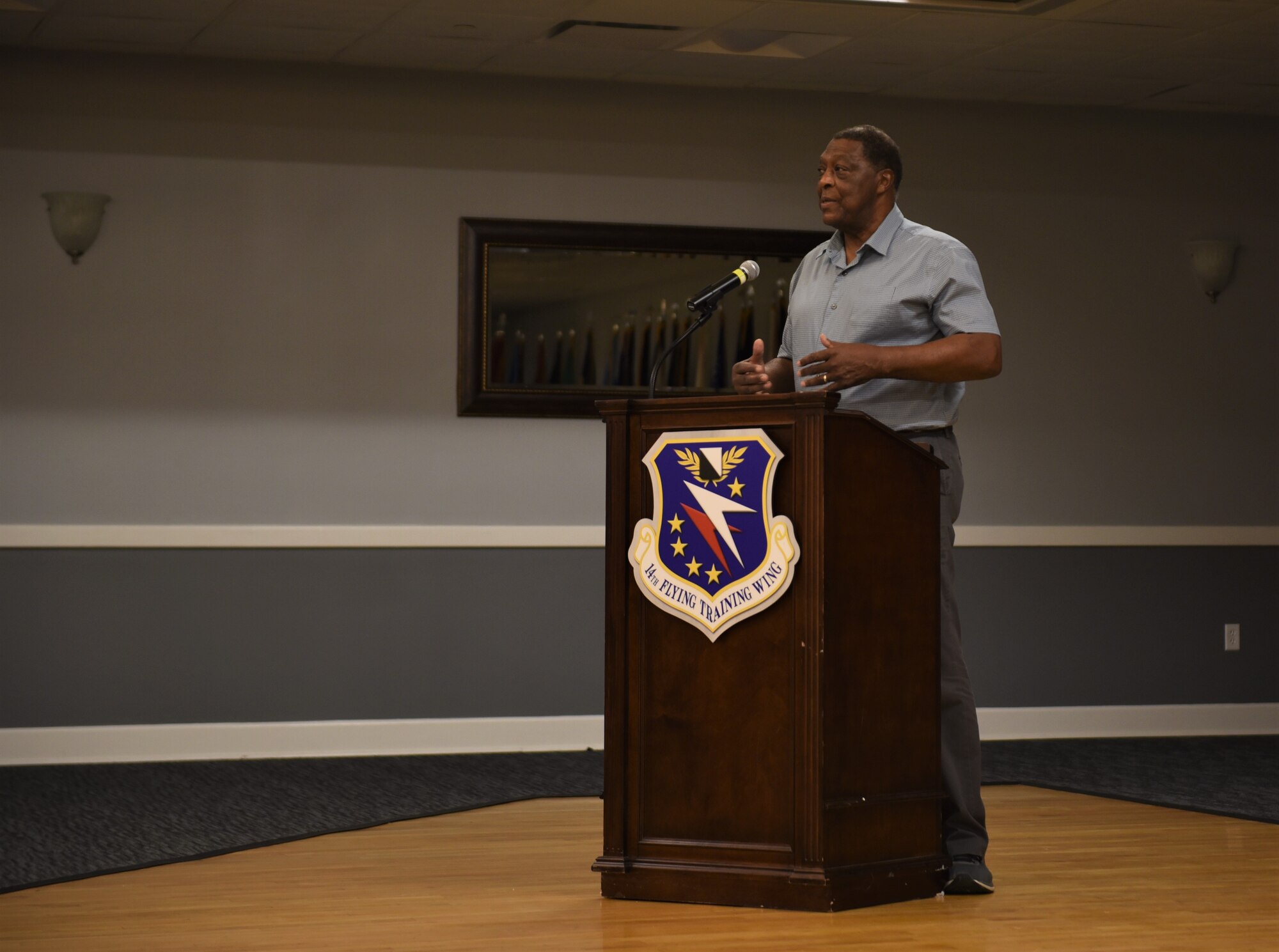 George Irby, chief executive officer of the Happy Irby Fund, speaks at the 2019 Combined Federal Campaign kickoff breakfast at the Club Sept. 17, 2019, on Columbus Air Force Base, Miss. Irby reassured the attendees that their donations are safe and directly help less fortunate children in the local area. (U.S. Air Force photo by Senior Airman Beaux Hebert)