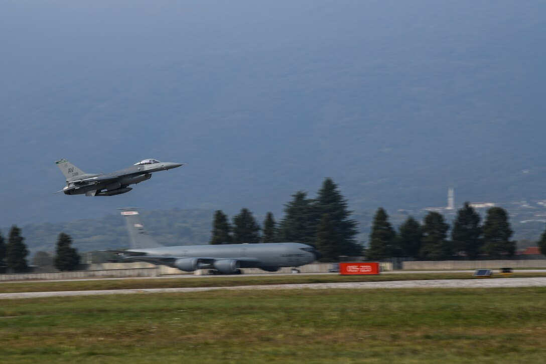 A U.S Air Force F-16 Fighting Falcon from the 555th Fighter Squadron gains altitude at Aviano Air Base, Italy, Oct. 24, 2019. The 555th Fighter Squadron provides combat airpower on demand to U.S. and NATO Combatant Commanders as well as the National Command Authority in order to meet National Security objectives. (U.S. Air Force photo by Airman 1st Class Ericka A. Woolever).